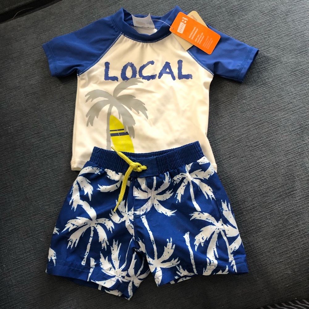 NWT Crazy 8 swim trunks and rashguard “Local” palm tree set